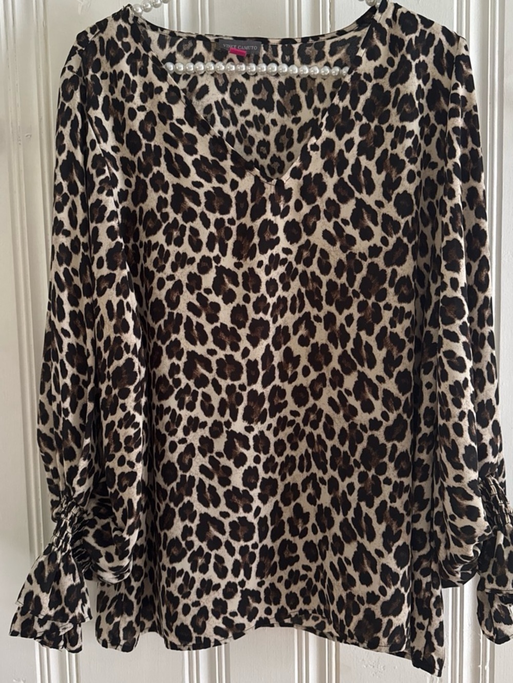 Vince Camuto Leopard Print V-Neck Blouse in Brown and Black
